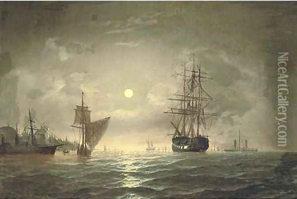 An armed merchantman and other shipping in the Bosphorous off Constantinople, by moonlight Oil Painting - Edward Hoyer