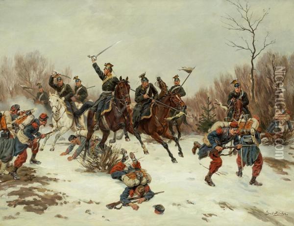 Gefecht Zwischen Reiterneines Preussischen Ulanen-regiments Und Franzosischeninfanterie-soldaten Oil Painting - Emil Hunten