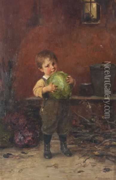 Little Boy Holding A Cabbage Oil Painting - Hugo Oehmichen