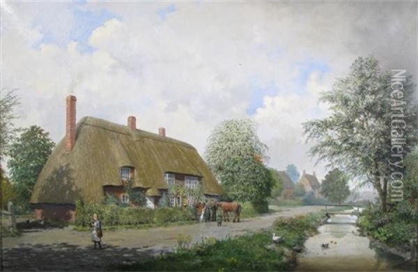 Rockbourne, Cottages By The River Oil Painting - Reginald Ernest Arnold