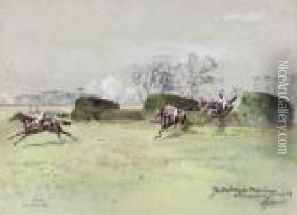 The Prince Of Wales's 
Steeplechase, 2nd Time Round, Sandown Park;and At The Water For The 
Prince Of Wales's Steeplechase, Sandownpark Oil Painting - John Beer