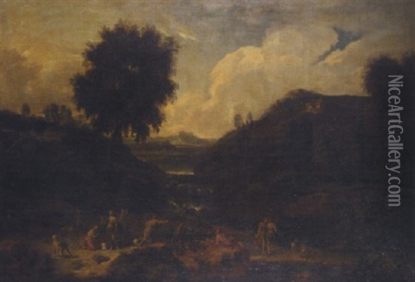 A Classical Landscape With Diana And Her Nymphs Hunting Oil Painting - Johannes (Jan) Glauber