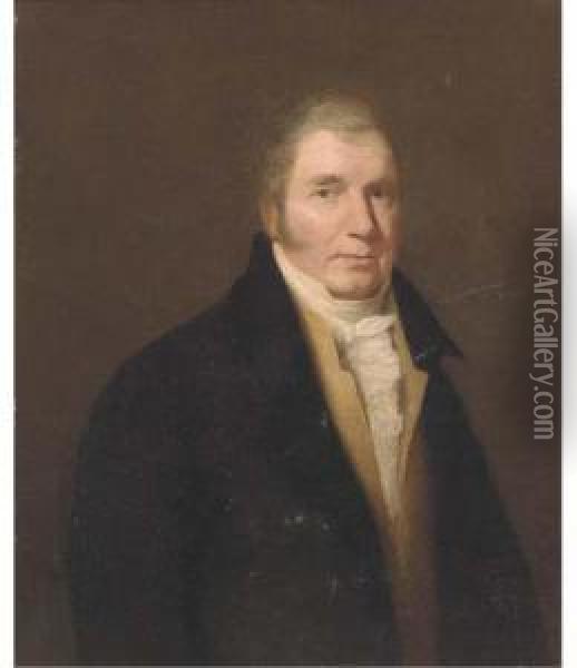Portrait Of A Gentleman, 
Half-length, Wearing A Black Coat, Yellowwaistcoat And White Collar Oil Painting - Thomas Hickey