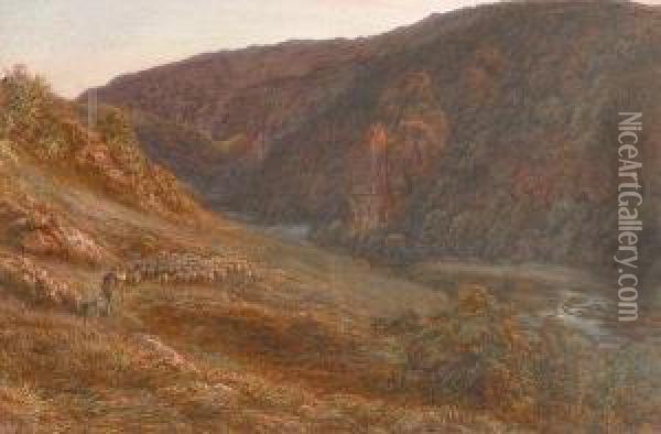 Landscape With Farmer Herding Sheep Oil Painting - Henry Warren