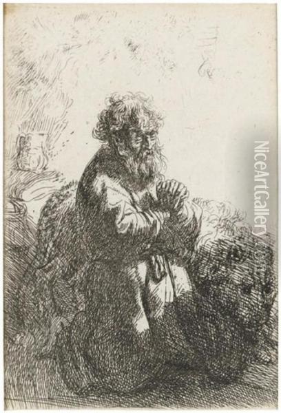 Saint Jerome Kneeling In Prayer, Looking Down Oil Painting - Rembrandt Van Rijn