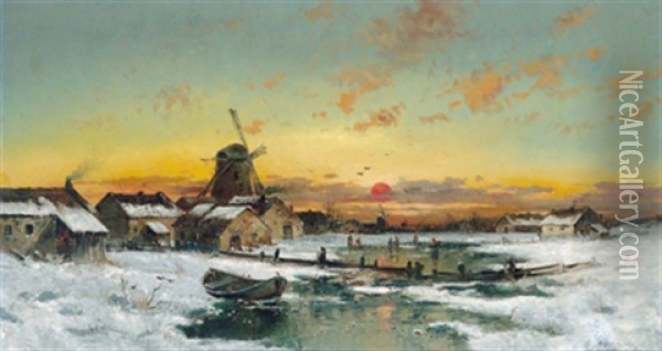 Sonnenuntergang Uber Winterlicher Dorflandschaft Oil Painting - Adolf Kaufmann