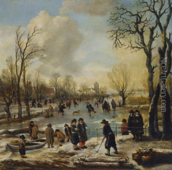A Winter Landscape With Villagers Skating And Playing Kolf On A Frozen Canal, A Village Beyond Oil Painting - Aert van der Neer