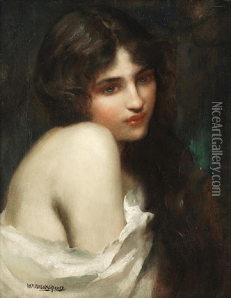 Portrait Of A Young Lady With Long Dark Hair And A White Shawl Oil Painting - William A. Breakspeare