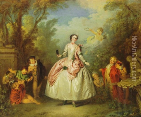 Portrait Of Mlle Dangeville As Thalia Surrounded By Putti   With Theatrical Props In A Garden Oil Painting - Jean-Baptiste Pater
