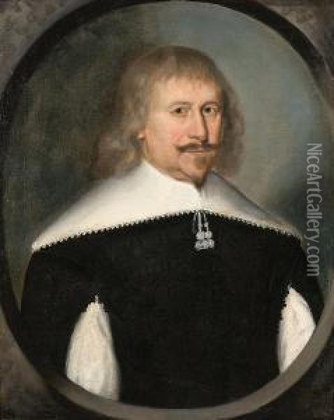 Portrait Of A Gentleman, 
Half-length, In A Slashed Black Doublet, With A White Collar, In A 
Painted Oval Oil Painting - Gilbert Jackson