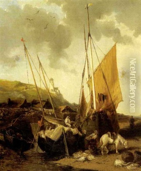 Scene De Port A Maree Basse Sous Le Phare Du Treport Oil Painting - Jules Achille Noel