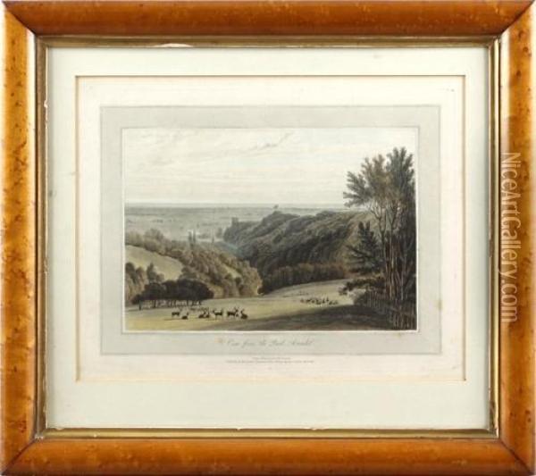 View From The Park, Arundel 
And A Coloured Lithograph Of Port Saint Denis By T F Simon, And Acoloured Print Of Windermere After Another Hand Oil Painting - William Daniell RA