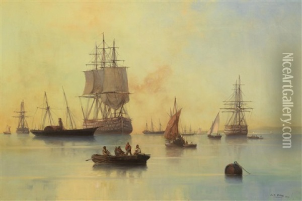 Segelschiffe Und Raddampfer Vor Der Kuste Oil Painting - Josef Karl Berthold Puettner