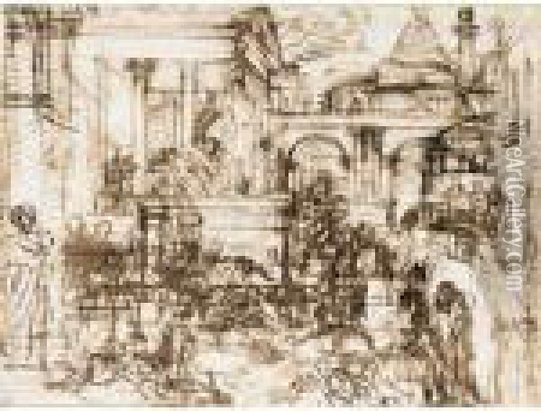 Recto: Architectural Capriccio With Figures And A Distant Pyramid
 Verso: Compositional Study With Roman Centurions And A Group Of Women Oil Painting - Nicolas Poussin