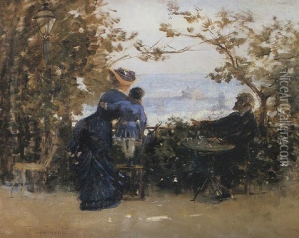Au Cafe Sur Les Hauteurs De Montmartre Oil Painting - Gustave Maincent
