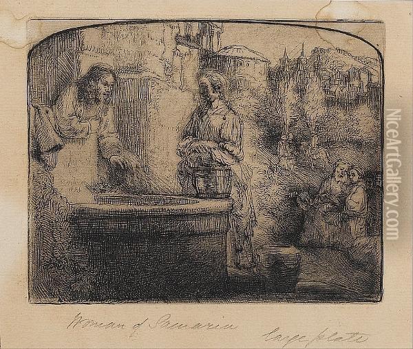 Christ And The Woman Of Samaria:an Arched Plate (bartsch 70) Oil Painting - Rembrandt Van Rijn