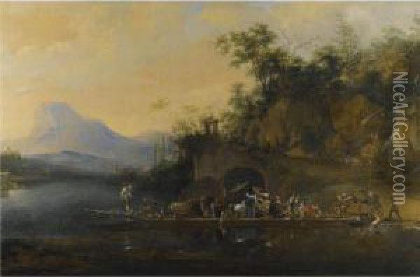 A River Landscape With Boatmen Loading Passengers And Horses On To A Ferry Oil Painting - Willem Schellinks