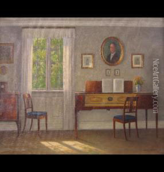 House Interior Showingsquare Piano And Portraits Oil Painting - Hans Hilsoe