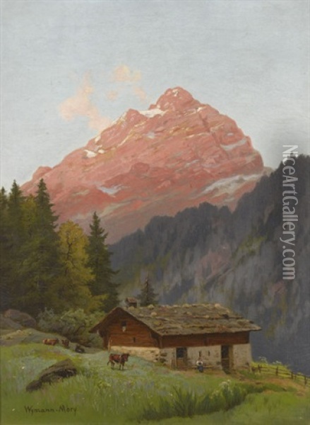 Sommerliche Alp Mit Berggipfel Im Abendrot Oil Painting - Karl Christian Wymann Mory