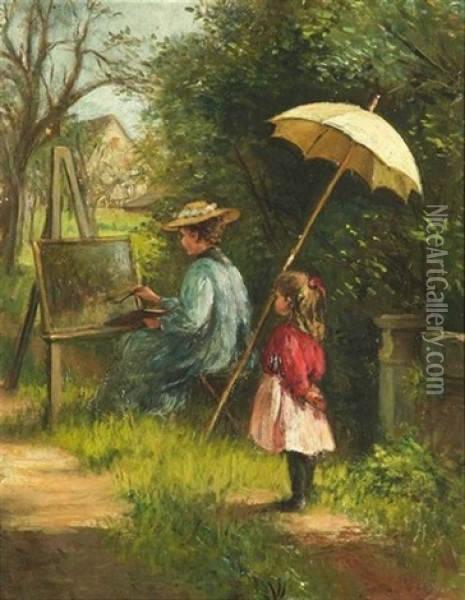 Eine Malerin Im Sommerlichen Garten An Der Staffelei Oil Painting - Pietronella Peters