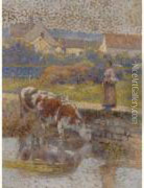 Fermiere Et Ses Vaches A L'abreuvoir Oil Painting - Alexis-Auguste Delahogue