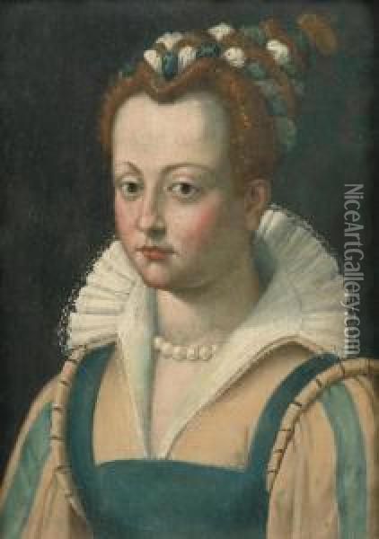 Portrait Of A Lady, Bust-length, In A Yellow And Blue Costume With A White Collar Oil Painting - Lavinia Fontana