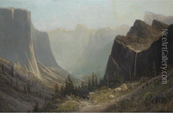 Arrival In The Valley Of The Yosemite, Half Dome In The Distance Oil Painting - Frederick Ferdinand Schafer