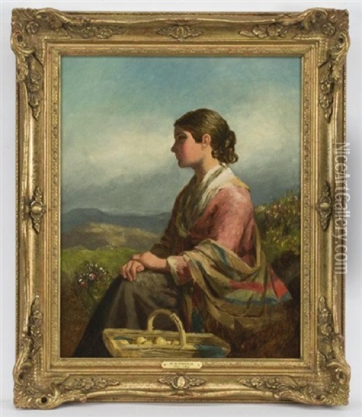 Portrait Of A Young Woman With A Fruit Basket In A Landscape Oil Painting - Paul Falconer Poole