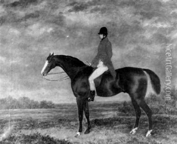A Huntsman On A Bay Thoroughbred In An Extensive Landscape Oil Painting - George Morley