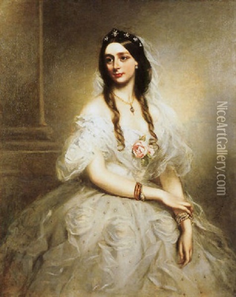 Portrait Of Mrs. C. W. Stoughton Wearing A White Dress Oil Painting - Richard Buckner