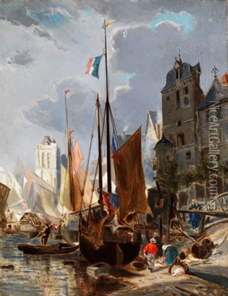 Fischerhafen In Einer Franzosischen Stadt Mit Giebelhausern Und Kirchturm Im Hintergrund Oil Painting - Jules Achille Noel