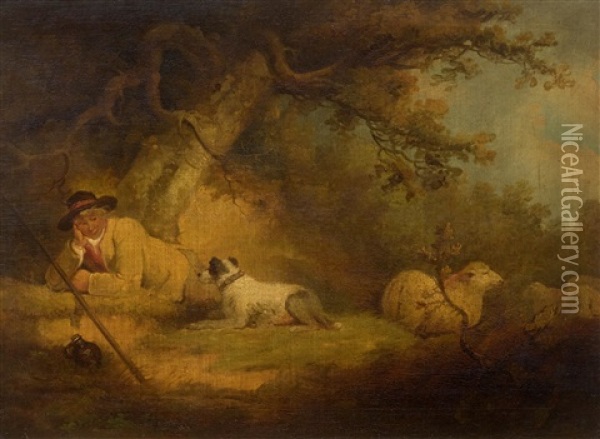 Shepherd Resting With His Dog Oil Painting - George Morland