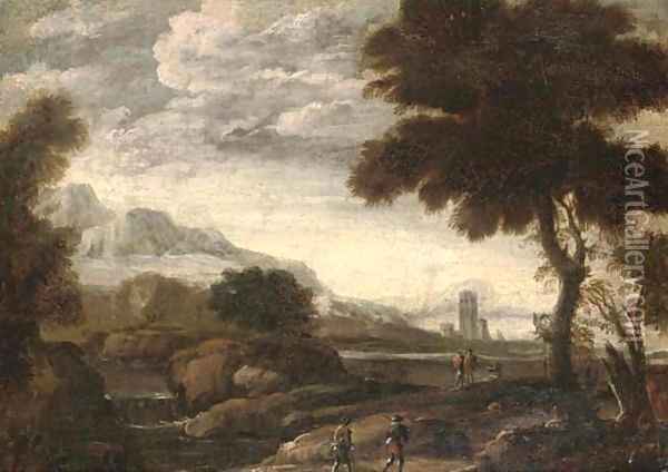 An extensive river landscape with travellers on a path Oil Painting - Andrea Locatelli
