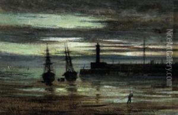 Ships Drying In The Docks On A Moonlit Night Oil Painting - Vincent Philip Yglesias