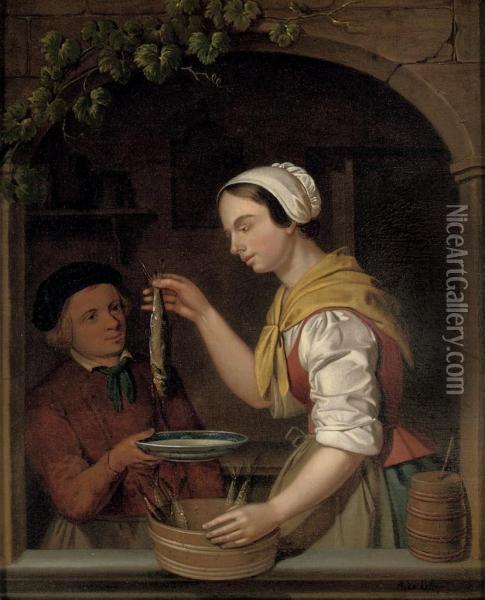 A Young Woman Holding A Herring Oil Painting - Adriaan de Lelie