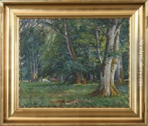 Forrest Scenery With Red Deer Oil Painting - Hans Gyde Petersen