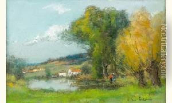 Au Bord De L'etang Oil Painting - Des Andre Fontaines