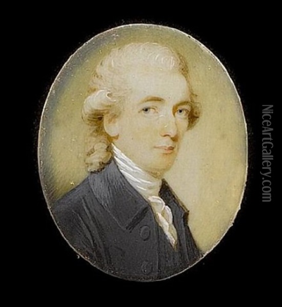 A Gentleman, Wearing Dark Grey Coat With Tied White Cravat, His Powdered Hair Worn En Queue Oil Painting - Ozias Humphry