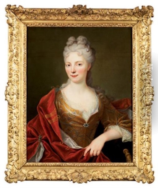 Portrait De Jeune Femme De Qualite En Buste, Un Diademe Orne D'une Perle Dans Ses Cheveux, Dans Un Drape Rouge Oil Painting - Nicolas de Largilliere