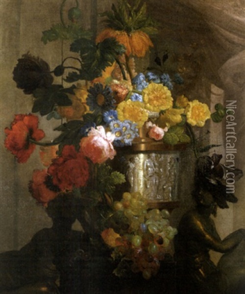 A Bouquet Of Summer Flowers, Rose, Peonies, Tulips, And Others In A Sculpted Silver And Brass Vase Oil Painting - Jean-Baptiste Monnoyer