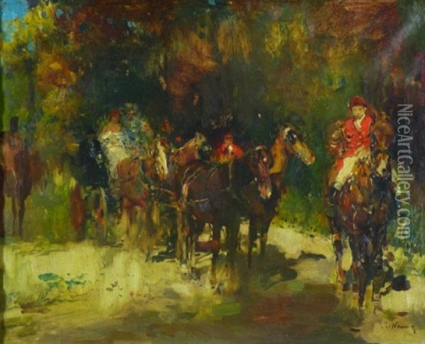 Escena Con Carro De Caballos Oil Painting - Jose Navarro Llorens