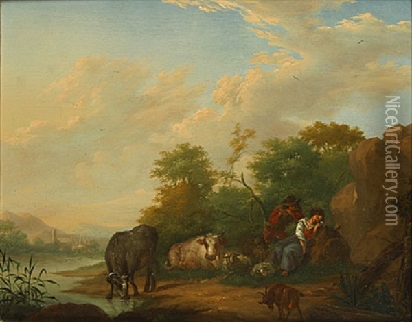 Herderin Met Kind En Dieren In Een Landschap Oil Painting - Dionys van Dongen