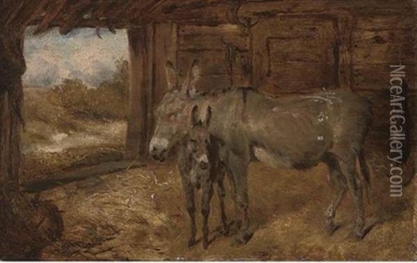 Donkeys In A Stable Oil Painting - James Thomas Wheeler