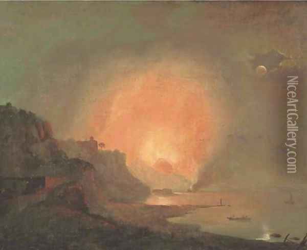 View of Mount Vesuvius erupting by Moonlight from the shore of Posilipo with a fishing boat in the foreground Oil Painting - Josepf Wright Of Derby