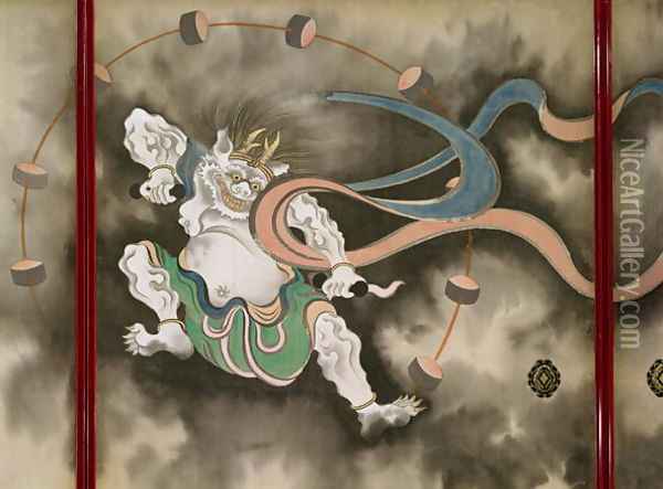 Sliding doors depicting a thunder god Late Edo Oil Painting - Suzuki Kiitsu