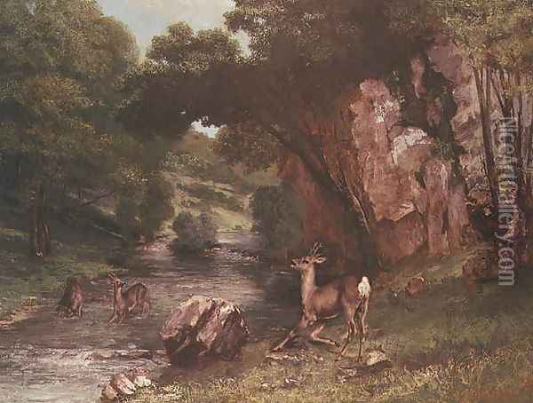 Deer by a River (Chevreuils a la Riviere) Oil Painting - Gustave Courbet