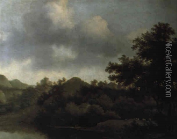 Waldlandschaft Mit Einem Teich, Einem Fischerboot Und Schafen Oil Painting - Jan De Lagoor