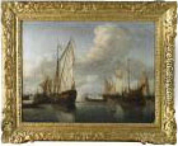 Dutch Ships At Anchor In A Harbour Oil Painting - Willem van de, the Elder Velde
