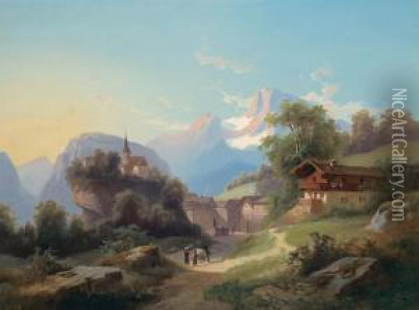 Ted Mountain Village With A Church On A Stoney Clift Oil Painting - Theodor, Freiherr Von Ehrmanns