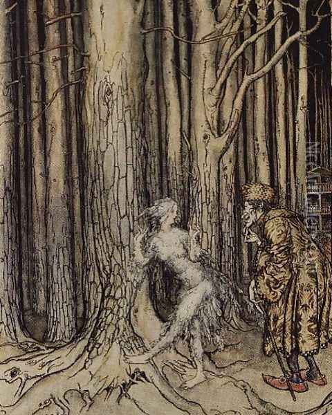 At last she met the bridegroom who was slowly coming back, illustration for Fitchers Bird, from Little Brother, Little Sister, by the Brothers Grimm, 1917 Oil Painting - Arthur Rackham
